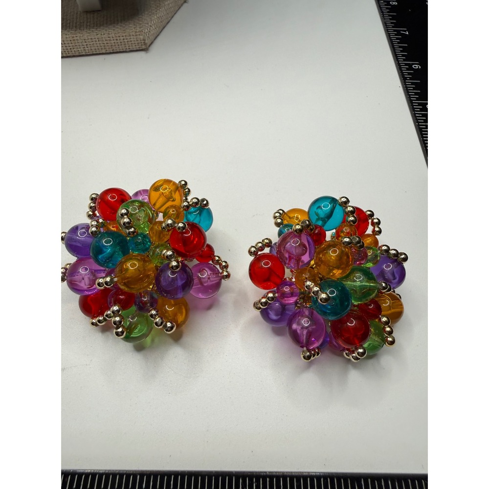 Vintage Multi Color Bead Cluster Clip On Earrings Rainbow Bubble Statement